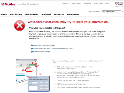 mcafee prank - site advisor may try to steal your information