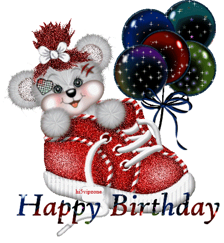 Nounours souriant installé dans une basket rouge t'apportant un bouquet de ballons scintillants pour te souhaite un bon anniversaire